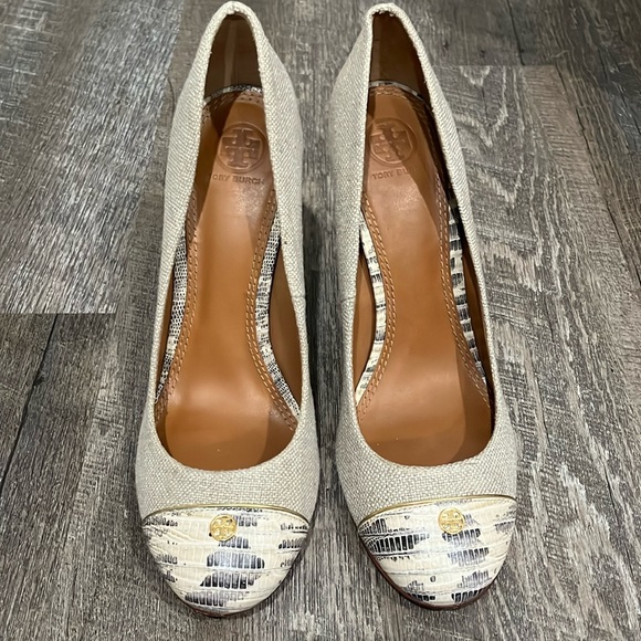 Tory Burch Snake Print and Canvas Block Heel - Picture 1 of 7